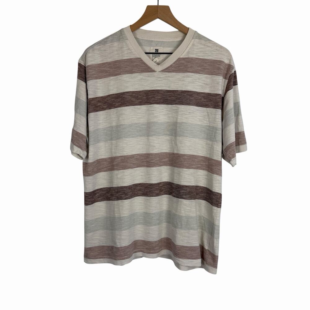 PJ Mark Mens T-Shirt Brown Beige Striped V-Neck XL Streetwear Skater Casual